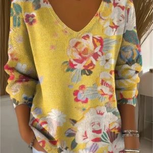 Women Cotton Floral Art Print Long Sleeve Comfy Casual Sweater, Blouses, color:Yellow|size:4XL, catalog Noracora shop