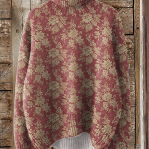 Women Floral Printing Spring/Fall Vintage Long Sleeve Turtleneck Sweater, JustFashionNow Sweaters, color:Red|size:4XL,