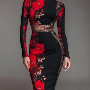 Elegant Floral Printing Stand Collar Midi Dress, Midi Dresses, color:Red|size:XXL, Stylewe