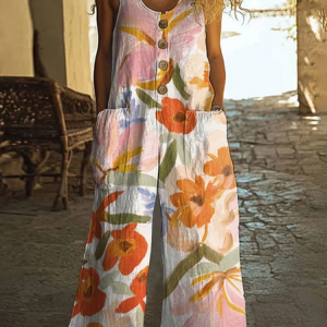 Women Floral Crew Neck Sleeveless Casual Summer Jumpsuit, JustFashionNow Jumpsuits＆Rompers, color:Orange|size:4XL,