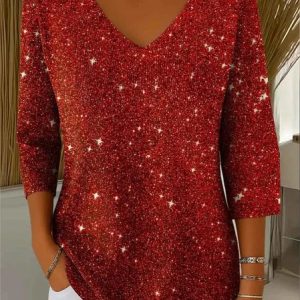 Vintage Plain V Neck Three Quarter Sleeve T-shirt, T-shirts, color:Red|size:5XL, catalog Noracora shop