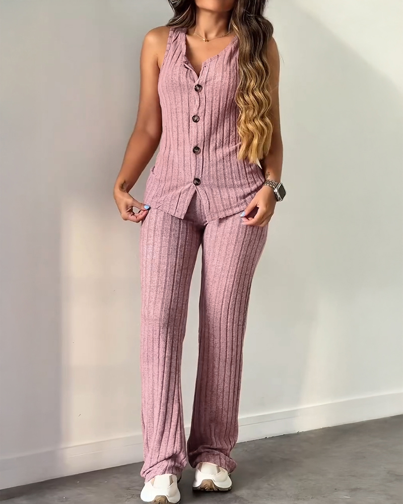 2 Pieces Outfit V-Neck Sleeveless Button Front Vest Top and Elastic Waist Slightly Flared Pants Set Casual Ribbed Brushed Loungewear, women Two-piece Sets, ChicMe catalog - Image 3
