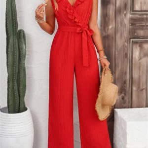 Women Plain V Neck Sleeveless Casual Summer Jumpsuit, JustFashionNow Jumpsuits＆Rompers, color:Red|size:XL,