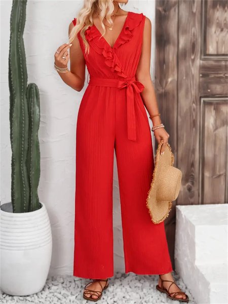 Women Plain V Neck Sleeveless Casual Summer Jumpsuit, JustFashionNow Jumpsuits&Rompers, color:Red|size:XL,
