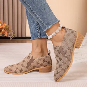 Vintage Geometric Slip On Block Heel Shallow Shoes, Shoes, color:Khaki|size:43, catalog Noracora shop
