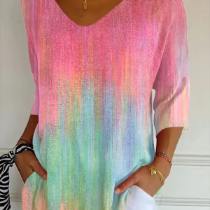 Casual Abstract V Neck Three Quarter Sleeve T-shirt, T-shirts, color:As Picture|size:5XL, catalog Noracora shop