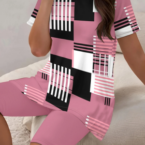 Women Abstract Stripes Printing Two-Piece Set Daily Short Sleeve Casual Summer Top With Pants Matching Set, JustFashionNow Suit Set, color:Pink|size:XXL,