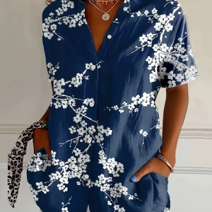 Women Floral Short Sleeve Shirt Summer Printing Shirt Collar Daily Casual Top, JustFashionNow Shirts, color:Deep Blue|size:5XL,