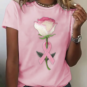 Women Pink Ribbon Floral Print Short Sleeve Tee T-shirt Crew Neck Casual Summer Graphic Tee Top, JustFashionNow T-Shirts, color:Pink|size:XXL,