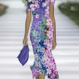 Women Floral Cap Sleeve Summer Printing Dress Cold Shoulder Daily Vintage Maxi H-Line Dress, JustFashionNow Casual Dresses, color:Purple|size:4XL,