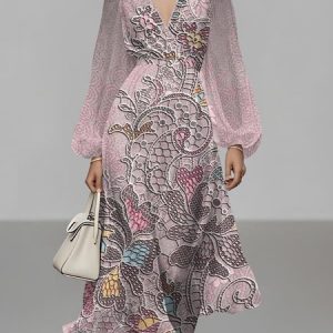 Women Floral Puff Sleeve Spring/Fall Dress V Neck Long Sleeve A-Line Dress, Dresses, color:Purple|size:4XL, catalog Noracora shop