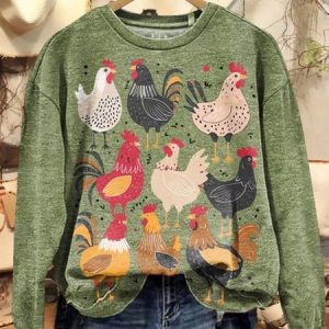 Vintage Chicken Art Print Crew Neck Loose Comfy Sweatshirt, Hoodies & Sweatshirts, color:Green|size:5XL, catalog Noracora shop