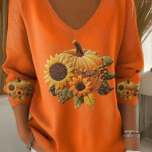 Women Cotton Sunflower And Pumpkin Long Sleeve Comfy Casual Sweater, T-shirts, color:Orange|size:4XL, catalog Noracora shop