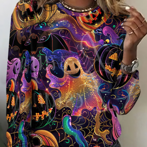 Women Halloween Long Sleeve Tee T-shirt Crew Neck Vintage Spring/Fall Top, JustFashionNow T-Shirts, color:As Picture|size:4XL,
