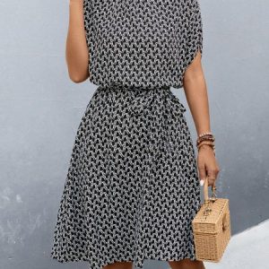 Women Geometric Summer Printing Dress Crew Neck Short Sleeve Tunic A-Line Dress, Dresses, color:Black|size:XL, catalog Noracora shop
