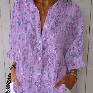 Shirt Collar Three Quarter Sleeve Abstract Printing Regular Loose Button Up Shirt Shirt For Women, Shirts, color:Purple|size:5XL, catalog Noracora shop