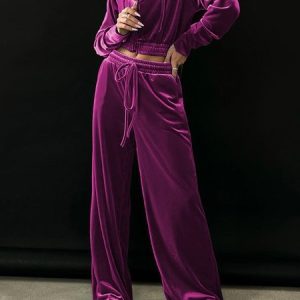 Women Plain Split Joint Two-Piece Set Daily Long Sleeve Casual Spring/Fall Top With Pants Matching Set, JustFashionNow Suit Set, color:Deep Pink|size:XXL,