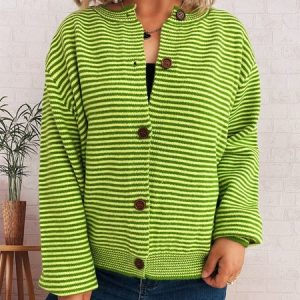 Women Cotton Striped Long Sleeve Comfy Casual Cardigan, Sweaters, color:Green|size:L, catalog Noracora shop