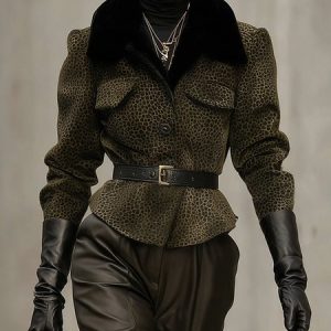 Urban Printing Leopard Shawl Collar Jacket No Belt, Jackets, color:Green|size:XXL, Stylewe