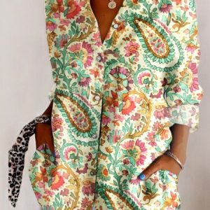 V Neck Long Sleeve Floral Regular Micro-Elasticity Regular Fit Shirt For Women, Shirts, color:Apricot|size:5XL, catalog Noracora shop