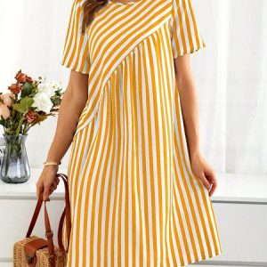 Women Striped Summer Dress Crew Neck Short Sleeve A-Line Dress, Dresses, color:Yellow|size:4XL, catalog Noracora shop