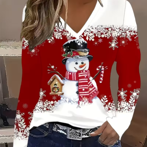 Casual Christmas Snowman V Neck Long Sleeve T-shirt, T-shirts, color:White-Red|size:XXL, catalog Noracora shop