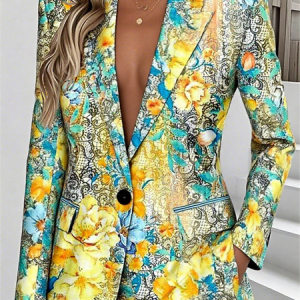 Women Floral Spring/Fall Outerwear Simple Long Sleeve Lapel Collar Regular Blazer, Blazers, color:Yellow|size:4XL, catalog Noracora shop