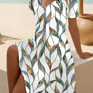 Women Leaf Short Sleeve Summer Printing Dress V Neck Daily Casual Midi Fit & Flare Dress A-Line Dress, JustFashionNow Casual Dresses, color:White|size:4XL,