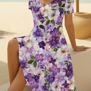 Women Floral Short Sleeve Summer Printing Dress V Neck Daily Casual Midi Fit & Flare Dress A-Line Dress, JustFashionNow Casual Dresses, color:Purple|size:4XL,
