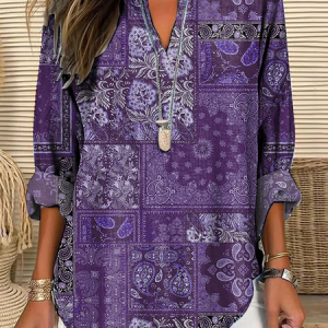 Women Paisley Long Sleeve Blouse Spring/Fall Printing V Neck Daily Casual Top, JustFashionNow Shirts, color:Purple|size:5XL,