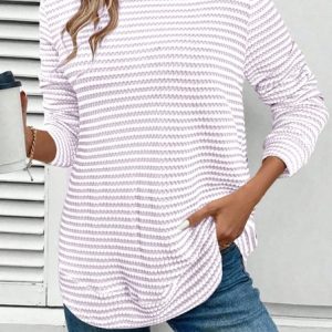 Casual Striped Crew Neck Long Sleeve T-shirt, T-shirts, color:Light Purple|size:5XL, catalog Noracora shop