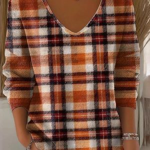 Women Cotton Plaid Long Sleeve Comfy Casual Sweater, Sweaters, color:Brown|size:4XL, catalog Noracora shop
