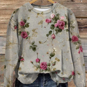 Women Floral Crew Neck Printing Casual Spring/Fall Long Sleeve Sweatshirt, JustFashionNow Sweatshirts & Hoodies, color:Gray|size:XXL,