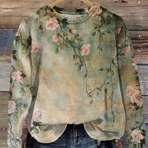 Women Floral Crew Neck Printing Casual Spring/Fall Long Sleeve Sweatshirt, JustFashionNow Sweatshirts & Hoodies, color:Green|size:XXL,