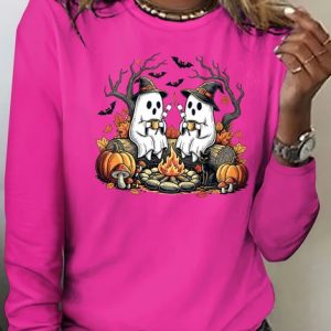 Vintage Halloween Crew Neck Long Sleeve T-shirt, T-shirts, color:Rose Red|size:4XL, catalog Noracora shop