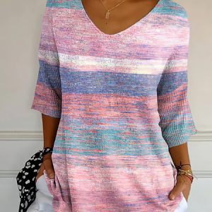 Women Abstract Stripes Three Quarter Sleeve Tee T-shirt V Neck Printing Casual Spring/Fall Graphic Tee Top, JustFashionNow T-Shirts, color:Pink|size:5XL,