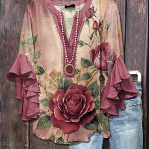 Women Floral Half Sleeve Shirt Summer Printing V Neck Daily Casual Top, JustFashionNow Shirts, color:Burgundy|size:4XL,