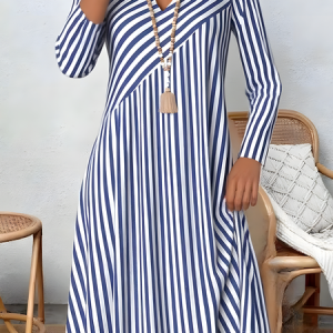 Women Striped Spring/Fall Printing Dress V Neck Long Sleeve T-Shirt Dress H-Line Dress, Dresses, color:Blue|size:XXL, catalog Noracora shop
