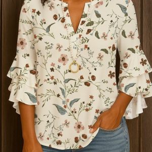 V Neck Long Sleeve Floral Regular Micro-Elasticity Regular Fit Shirt For Women, Shirts, color:Apricot|size:3XL, catalog Noracora shop