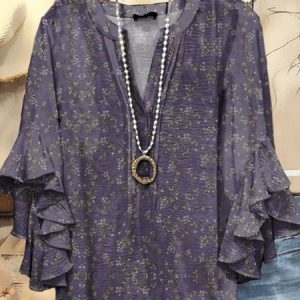 V Neck Half Sleeve Floral Regular Micro-Elasticity Regular Fit Blouse For Women, Blouses, color:Purple|size:5XL, catalog Noracora shop