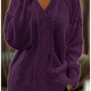 Women Cotton Plain Long Sleeve Comfy Casual Sweater, Sweaters, color:Purple|size:XXL, catalog Noracora shop
