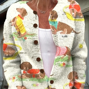 Women Cute Cartoon Dachshund Long Sleeve Comfy Vintage Cardigan, Cardigans, color:As Picture|size:5XL, catalog Noracora shop