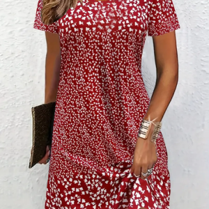 Women Ditsy Floral Short Sleeve Summer Printing Dress Crew Neck Daily Casual Mini Tunic H-Line Dress, JustFashionNow Casual Dresses, color:Red|size:XXL,
