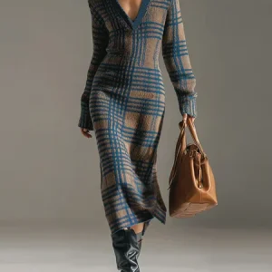 Urban Plaid V Neck Maxi Sweater Dress, Midi Dresses, color:As Picture|size:XXL, Stylewe