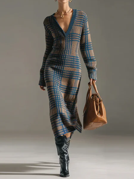Urban Plaid V Neck Maxi Sweater Dress, Midi Dresses, color:As Picture|size:XXL, Stylewe