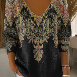 Casual Floral V Neck Long Sleeve T-shirt, Sweaters, color:Black|size:4XL, catalog Noracora shop