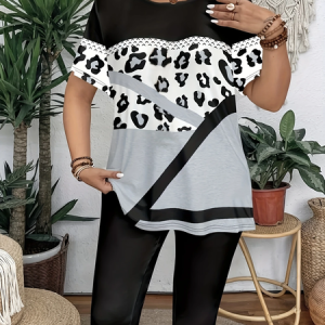 Women Leopard Short Sleeve Tee T-shirt Crew Neck Printing Casual Summer Graphic Tee Top, JustFashionNow T-Shirts, color:Gray|size:4XL