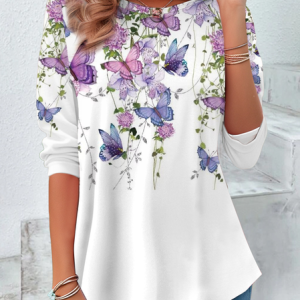 Women Floral Long Sleeve Tee T-shirt Crew Neck Printing Casual Spring/Fall Tunic Top, JustFashionNow T-Shirts, color:White|size:XXL,