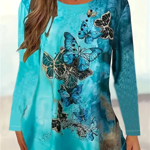 Casual Butterfly Crew Neck Long Sleeve T-shirt, T-shirts, color:Cyan|size:XXL, catalog Noracora shop