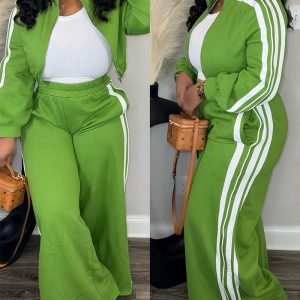 2 Pieces Outfit Stand Collar Zip Up Stretchy Hem Crop Coat and Elastic Waist Wide Leg Pants Set Casual Contrast Side Striped Set, women Two-piece Sets, ChicMe catalog